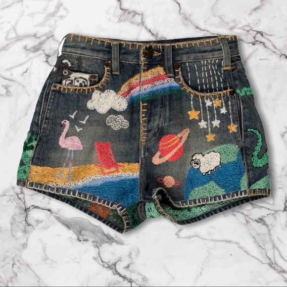 Saint Laurent Pants - Saint Laurent embroidered denim shorts